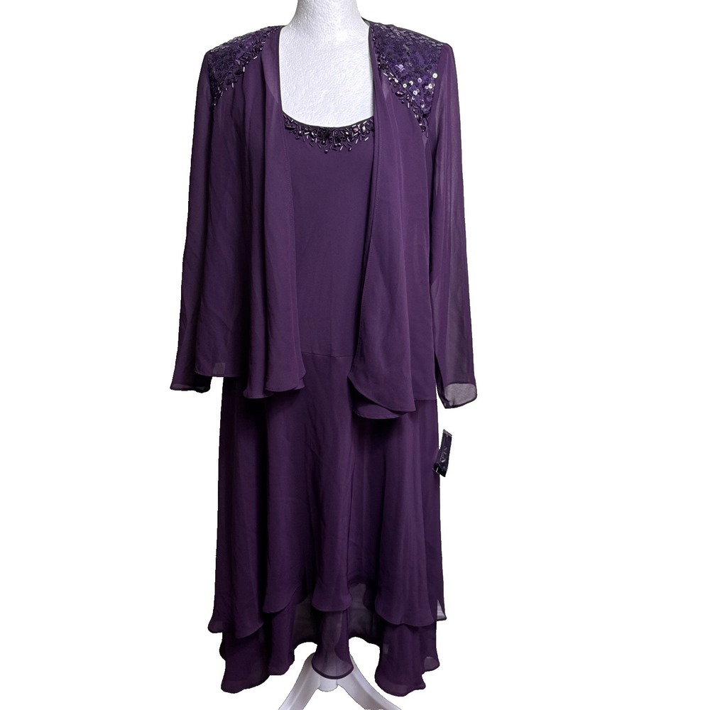 SLNY Beaded Chiffon Tiered Jacket Dress 2-Pc 6P Deep Plum Mother of the Bride
